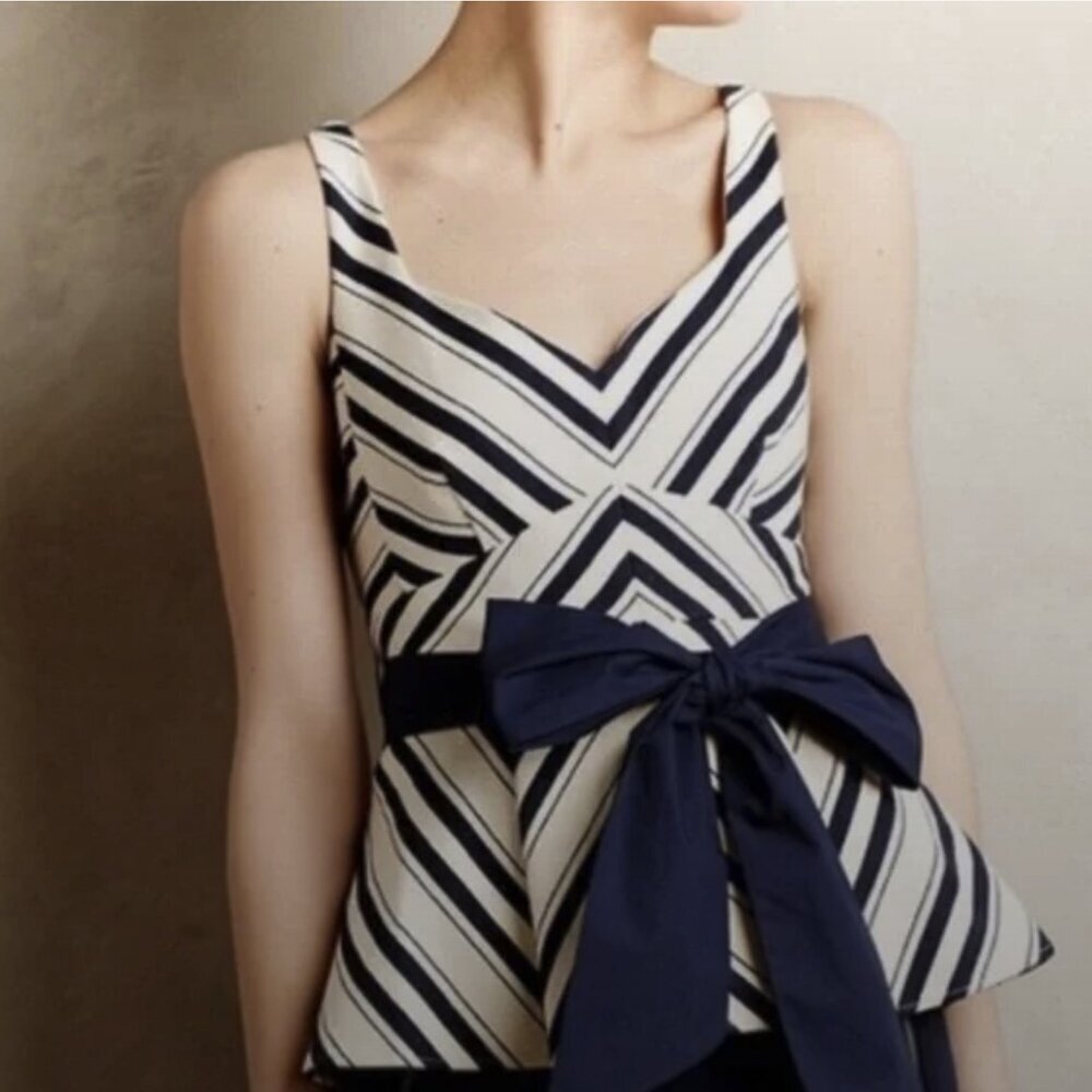 Anthropologie Maeve Mitered Stripe Peplum Cotton V-Neck Bow Cream Navy Sz 12 NWT